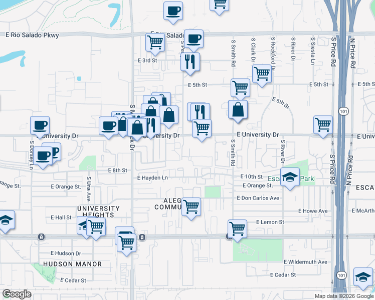 map of restaurants, bars, coffee shops, grocery stores, and more near 1905 East University Drive in Tempe