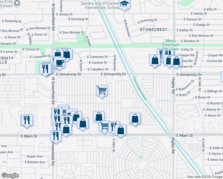 map of restaurants, bars, coffee shops, grocery stores, and more near Mobile Home Park in Mesa