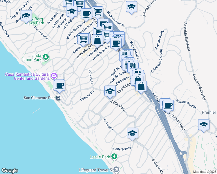 map of restaurants, bars, coffee shops, grocery stores, and more near 147 Avenida Cadiz in San Clemente