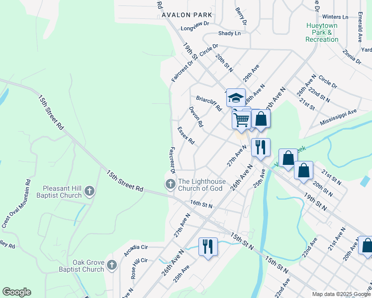 map of restaurants, bars, coffee shops, grocery stores, and more near 1726 Edgehill Drive in Hueytown