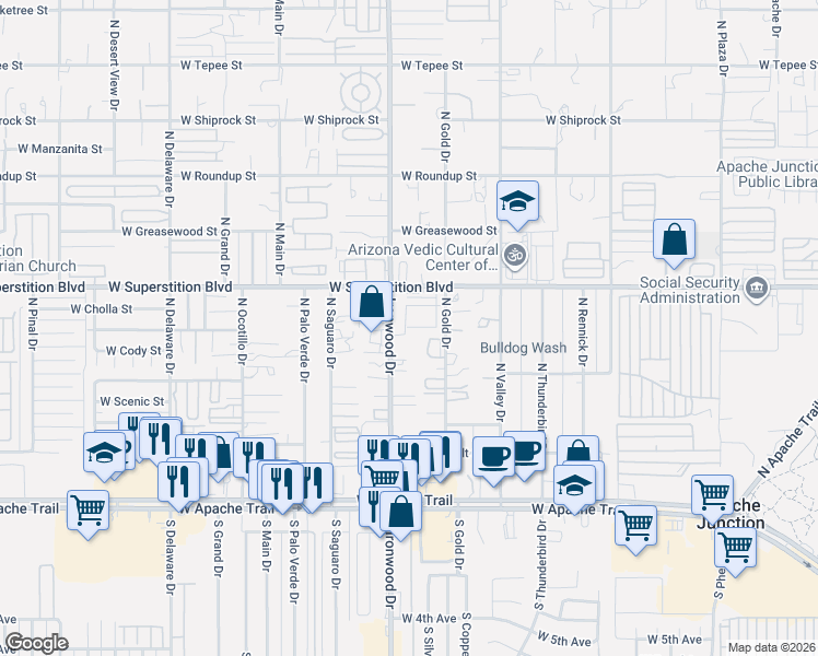 map of restaurants, bars, coffee shops, grocery stores, and more near 1527 West Superstition Boulevard in Apache Junction