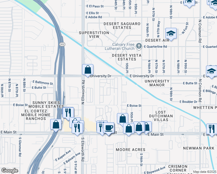 map of restaurants, bars, coffee shops, grocery stores, and more near 9333 East University Drive in Mesa