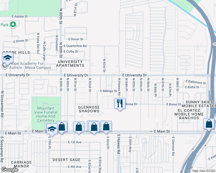 map of restaurants, bars, coffee shops, grocery stores, and more near 337 North 83rd Place in Mesa