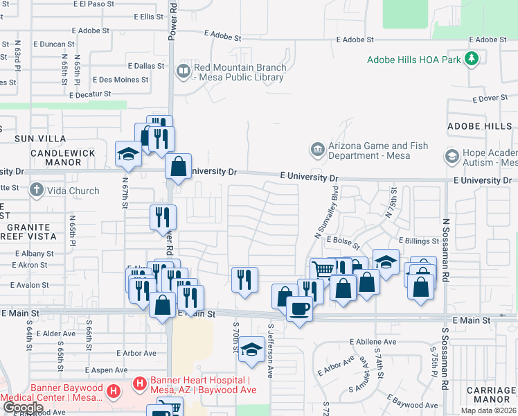 map of restaurants, bars, coffee shops, grocery stores, and more near E 8th Ave in Mesa