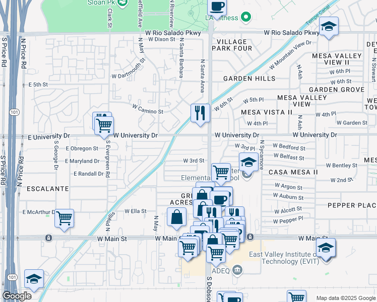 map of restaurants, bars, coffee shops, grocery stores, and more near 2033 West University Drive in Mesa