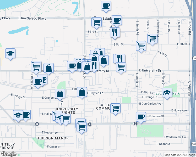 map of restaurants, bars, coffee shops, grocery stores, and more near 1845 East University Drive in Tempe