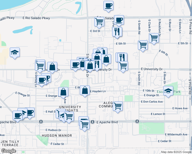 map of restaurants, bars, coffee shops, grocery stores, and more near 1845 East University Drive in Tempe