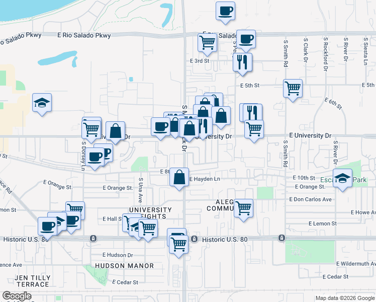 map of restaurants, bars, coffee shops, grocery stores, and more near 1795 East University Drive in Tempe