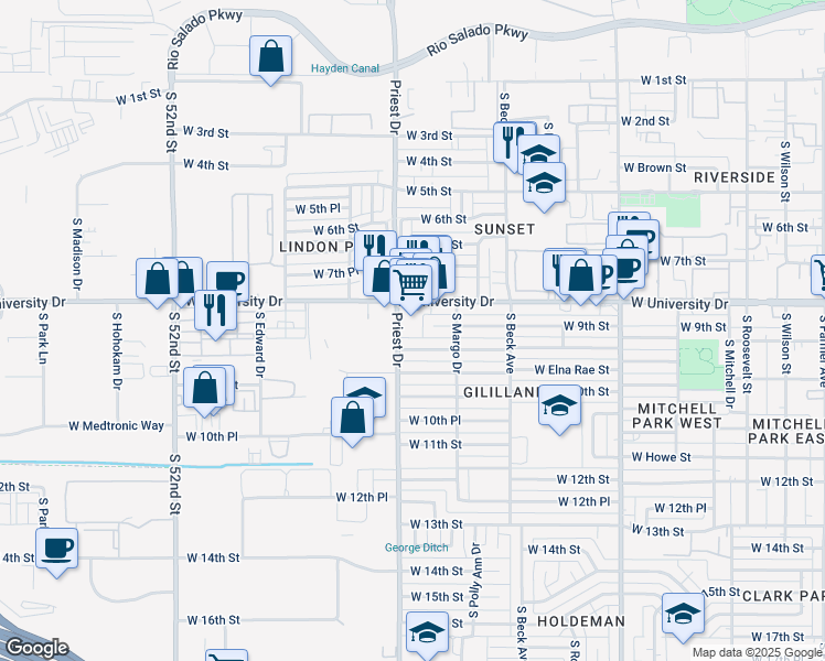 map of restaurants, bars, coffee shops, grocery stores, and more near 1335 West University Drive in Tempe