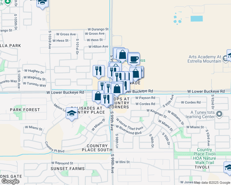 map of restaurants, bars, coffee shops, grocery stores, and more near 9860 West Lower Buckeye Road in Tolleson