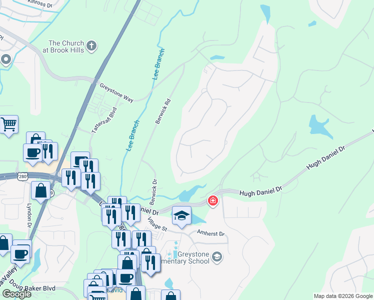 map of restaurants, bars, coffee shops, grocery stores, and more near 3616 Shandwick Place in Birmingham