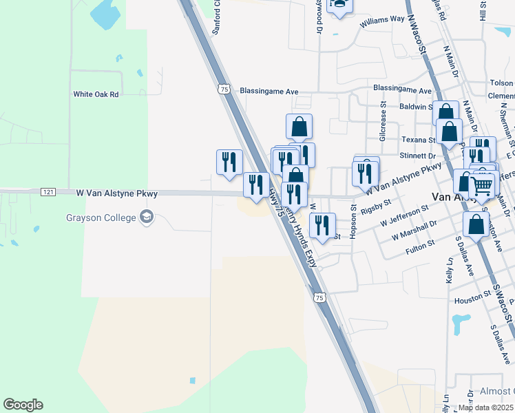 map of restaurants, bars, coffee shops, grocery stores, and more near 1001 West Van Alstyne Parkway in Van Alstyne