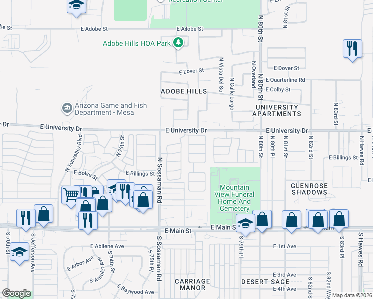 map of restaurants, bars, coffee shops, grocery stores, and more near 316 North 77th Place in Mesa