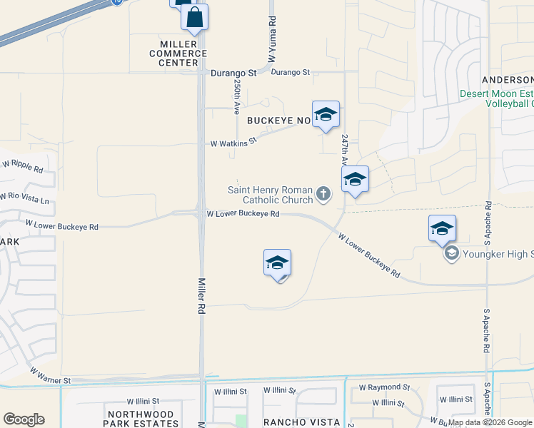 map of restaurants, bars, coffee shops, grocery stores, and more near 25732 West Lower Buckeye Road in Buckeye