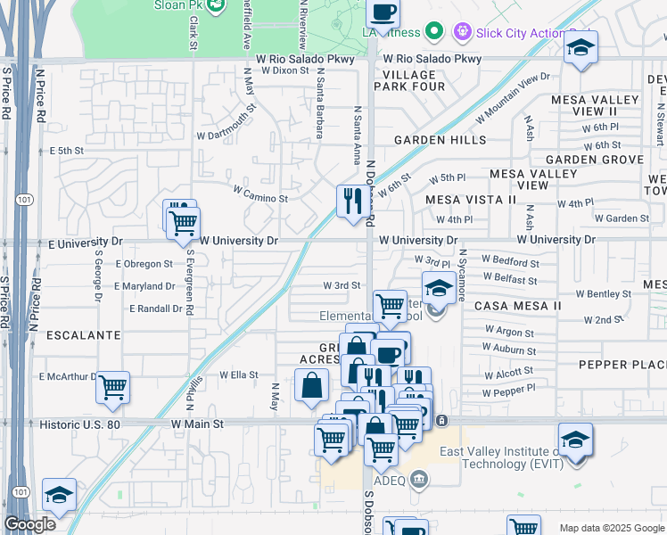 map of restaurants, bars, coffee shops, grocery stores, and more near 2033 West University Drive in Mesa