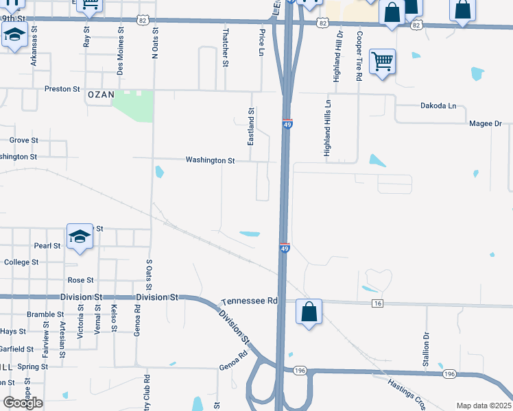 map of restaurants, bars, coffee shops, grocery stores, and more near 3302 Washington Street in Texarkana