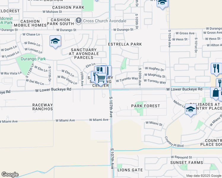 map of restaurants, bars, coffee shops, grocery stores, and more near W Lower Buckeye Rd & S 107th Ave in Maricopa County