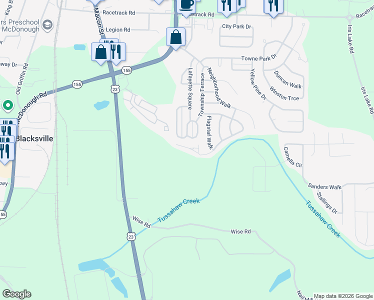 map of restaurants, bars, coffee shops, grocery stores, and more near 6021 Creekerton Boulevard in McDonough