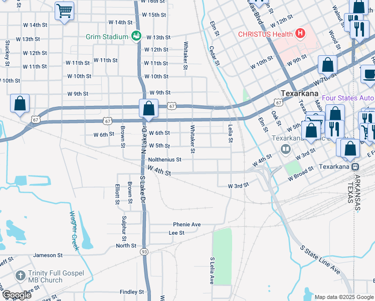 map of restaurants, bars, coffee shops, grocery stores, and more near 517 Whitaker Street in Texarkana