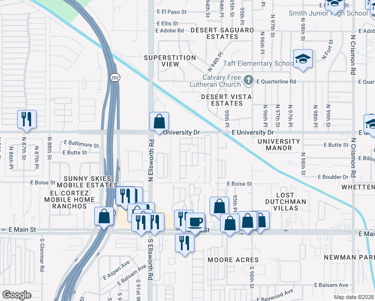 map of restaurants, bars, coffee shops, grocery stores, and more near 9333 East University Drive in Mesa