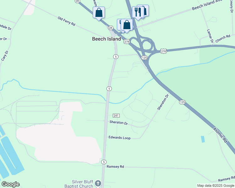 map of restaurants, bars, coffee shops, grocery stores, and more near 181 Old Jackson Highway in Beech Island