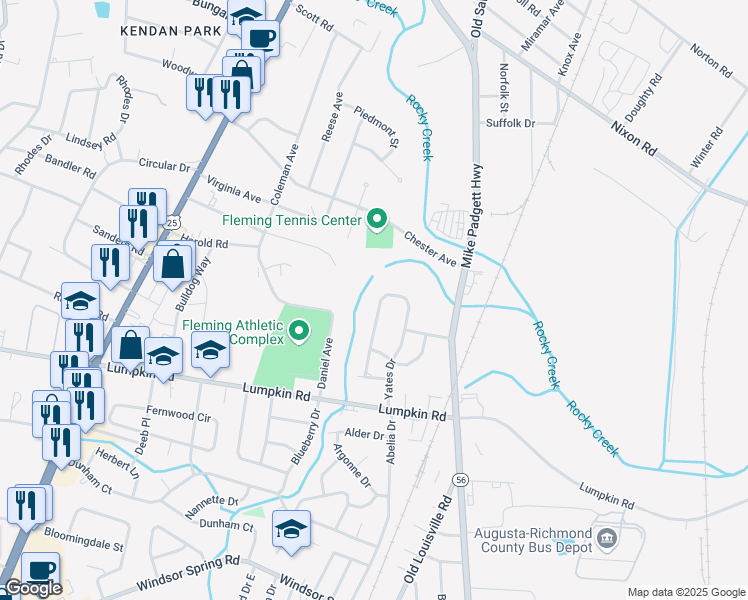 map of restaurants, bars, coffee shops, grocery stores, and more near 2447 Yates Drive in Augusta