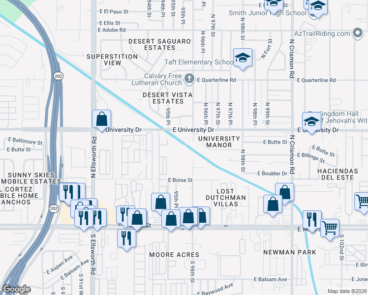 map of restaurants, bars, coffee shops, grocery stores, and more near 9579 East University Drive in Mesa