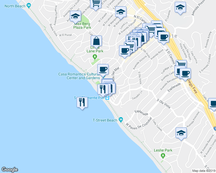 map of restaurants, bars, coffee shops, grocery stores, and more near 117 North Alameda Lane in San Clemente