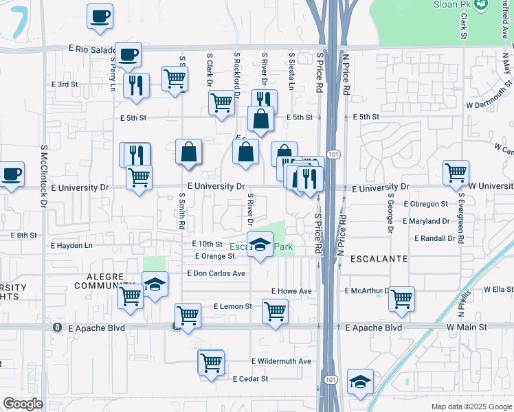 map of restaurants, bars, coffee shops, grocery stores, and more near 825 South River Drive in Tempe