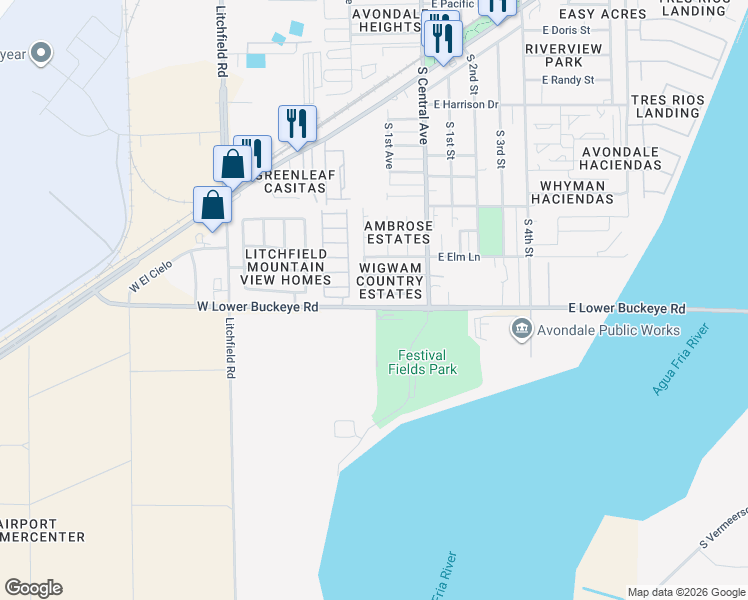 map of restaurants, bars, coffee shops, grocery stores, and more near 206 West Del Rio Lane in Avondale