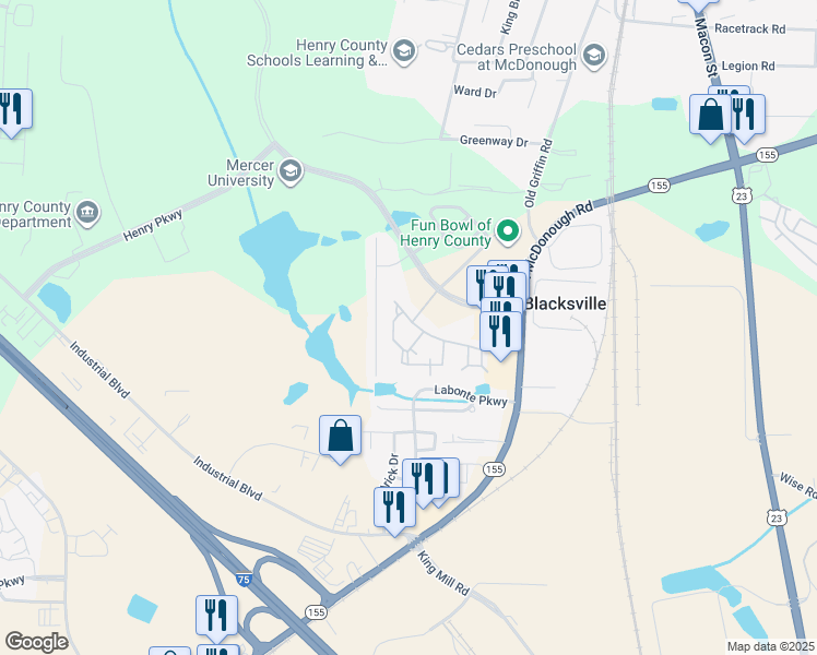 map of restaurants, bars, coffee shops, grocery stores, and more near 100 Crossing Boulevard in McDonough