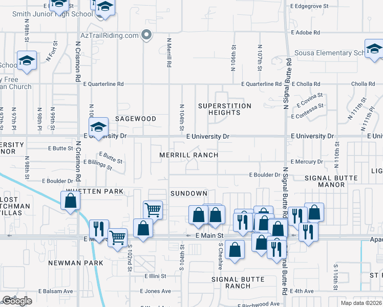 map of restaurants, bars, coffee shops, grocery stores, and more near 10438 East Butte Street in Apache Junction