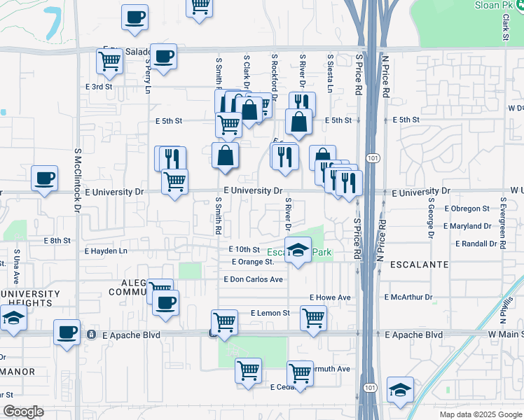 map of restaurants, bars, coffee shops, grocery stores, and more near 2027 East University Drive in Tempe
