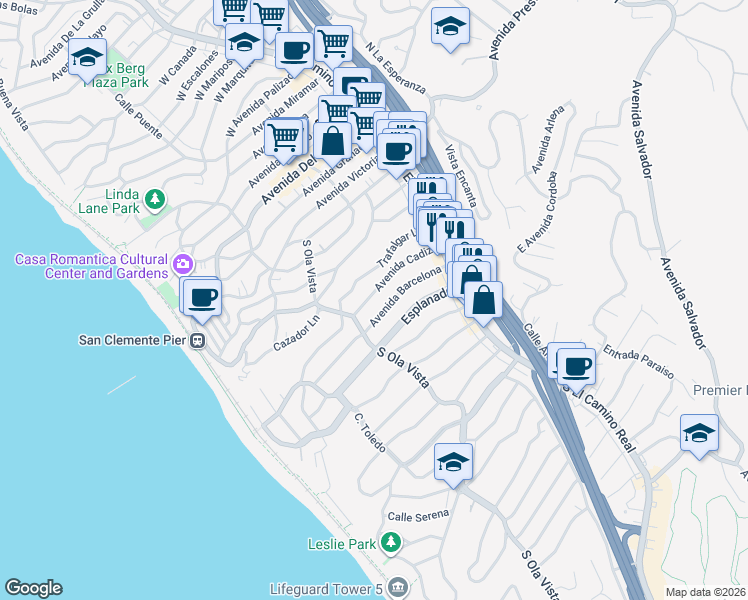 map of restaurants, bars, coffee shops, grocery stores, and more near 145 Avenida Cadiz in San Clemente
