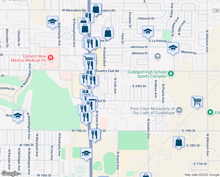map of restaurants, bars, coffee shops, grocery stores, and more near 2403 North Grand Avenue in Roswell