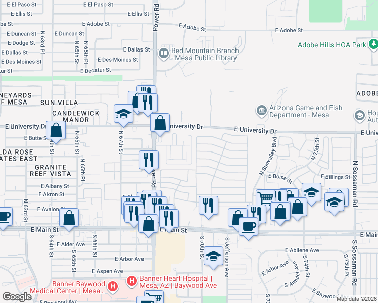 map of restaurants, bars, coffee shops, grocery stores, and more near 307 North 69th Place in Mesa