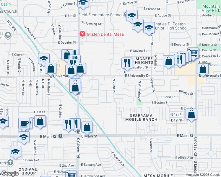 map of restaurants, bars, coffee shops, grocery stores, and more near 322-346 North 22nd Place in Mesa