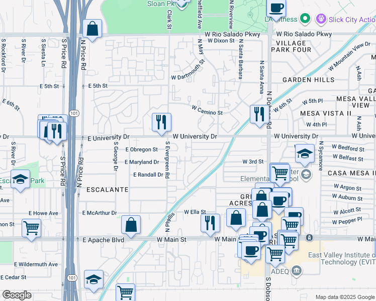 map of restaurants, bars, coffee shops, grocery stores, and more near 2662 East Silk Oak Drive in Tempe