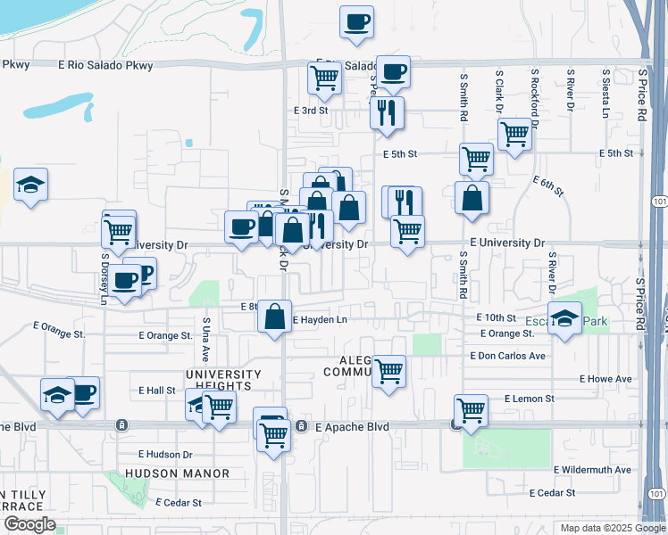 map of restaurants, bars, coffee shops, grocery stores, and more near 821 South Hacienda Drive in Tempe