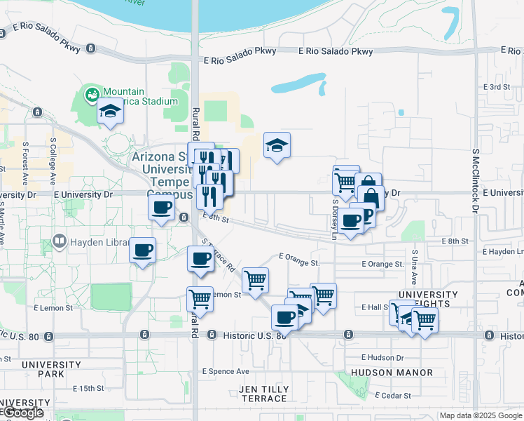 map of restaurants, bars, coffee shops, grocery stores, and more near 1111 East University Drive in Tempe