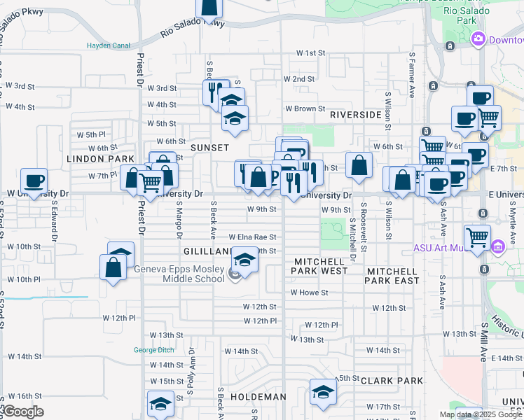 map of restaurants, bars, coffee shops, grocery stores, and more near 1057 West University Drive in Tempe