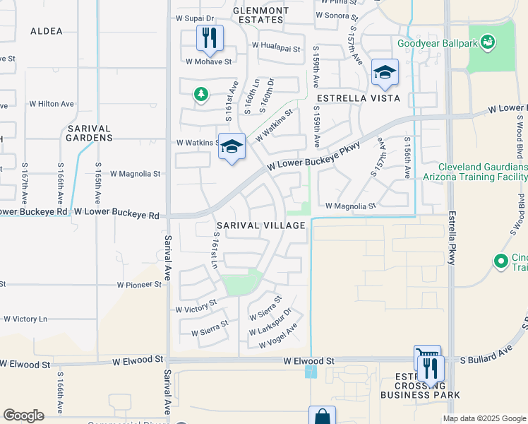 map of restaurants, bars, coffee shops, grocery stores, and more near 16062 West Salome Street in Goodyear