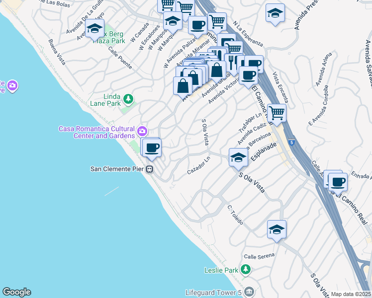 map of restaurants, bars, coffee shops, grocery stores, and more near 307 Avenida Victoria in San Clemente