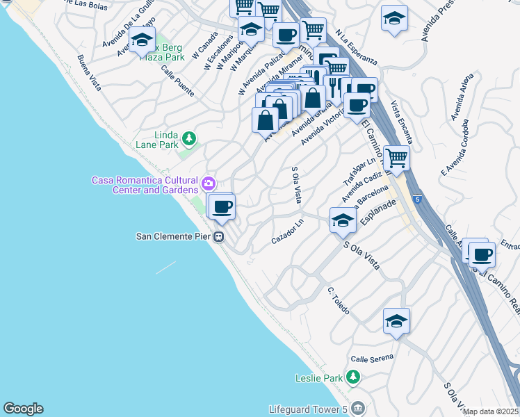 map of restaurants, bars, coffee shops, grocery stores, and more near 307 Avenida Victoria in San Clemente