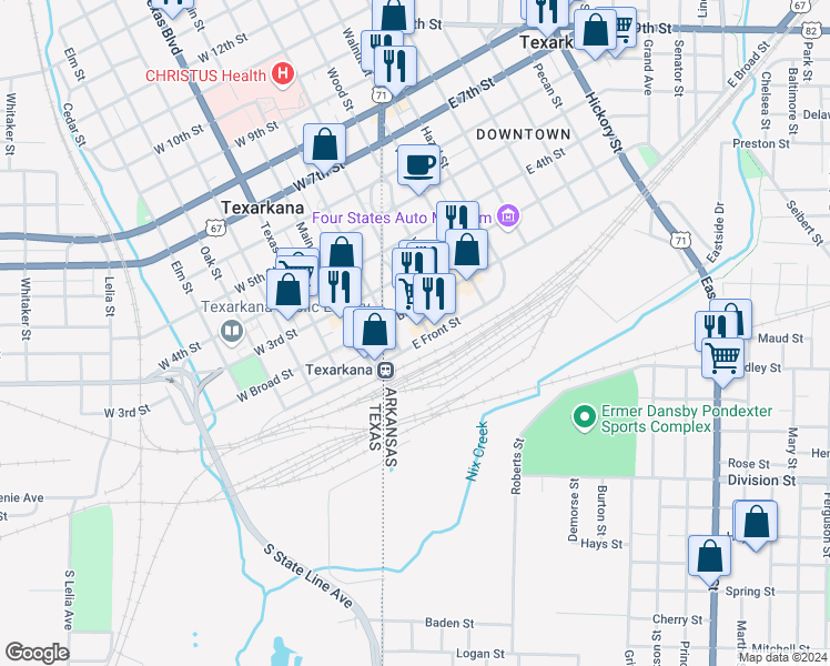 map of restaurants, bars, coffee shops, grocery stores, and more near 104 East Broad Street in Texarkana