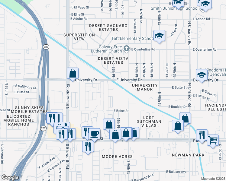 map of restaurants, bars, coffee shops, grocery stores, and more near 9579 East University Drive in Mesa