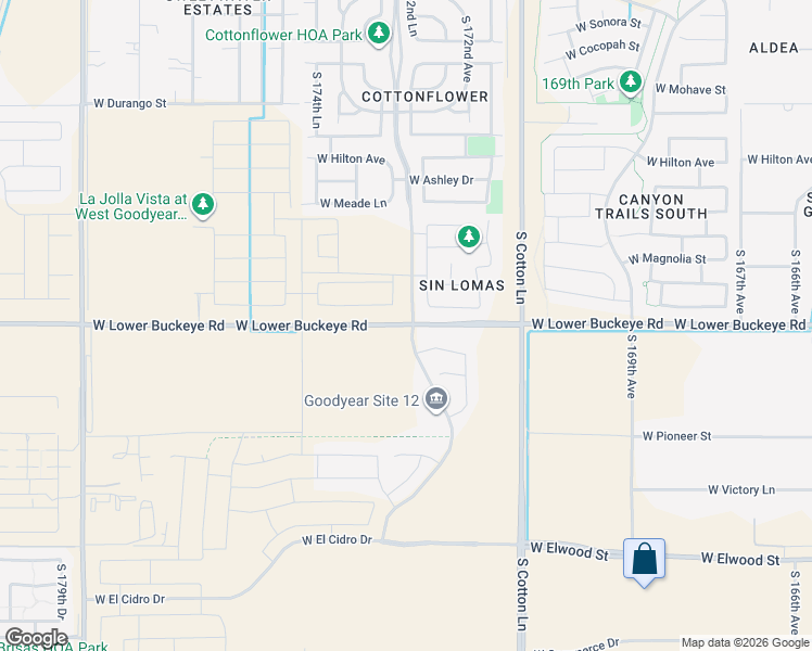 map of restaurants, bars, coffee shops, grocery stores, and more near 17300 West Lower Buckeye Road in Goodyear