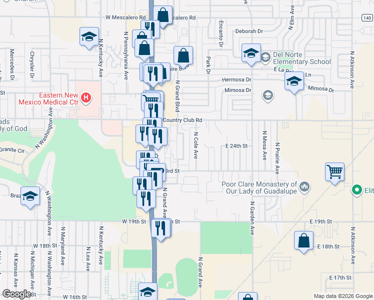 map of restaurants, bars, coffee shops, grocery stores, and more near 2403 North Grand Avenue in Roswell