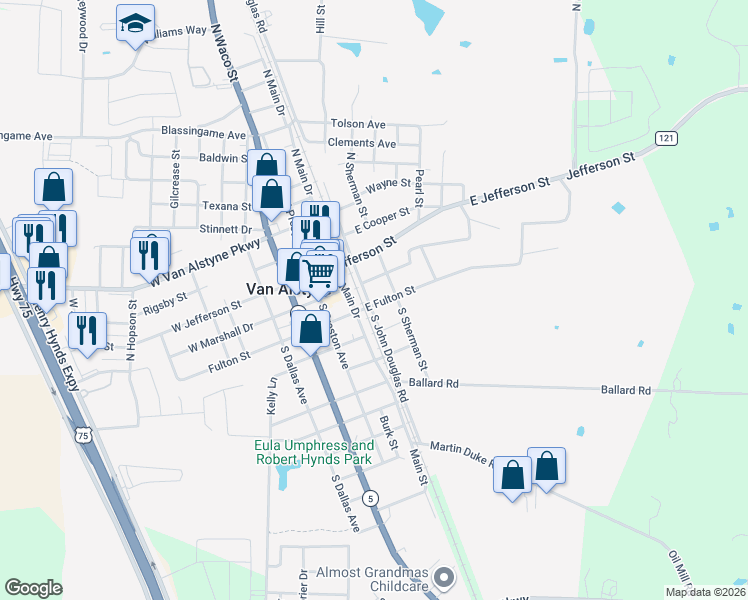 map of restaurants, bars, coffee shops, grocery stores, and more near 454 East Fulton Street in Van Alstyne
