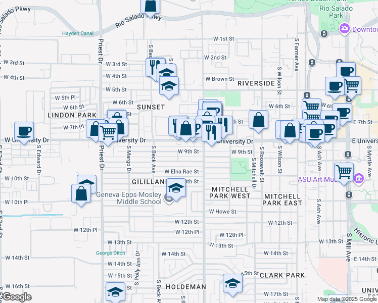 map of restaurants, bars, coffee shops, grocery stores, and more near 1057 West University Drive in Tempe